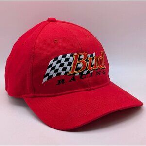 Vintage Bud Beer Racing Strap Back Hat Cap Budweiser Nascar Red Checkered Flag
